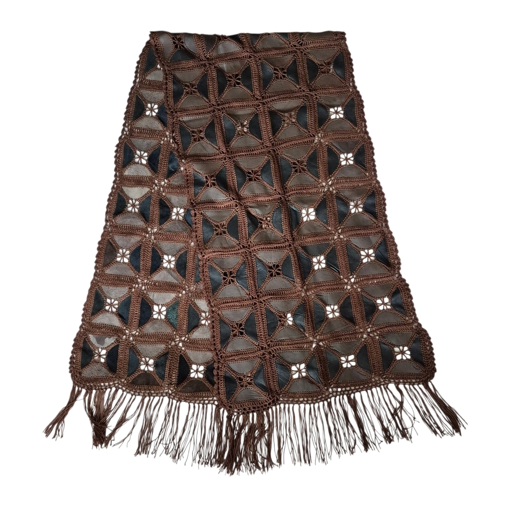 Handmade Leather Patchwork & Crochet Shawl Wrap Black Brown